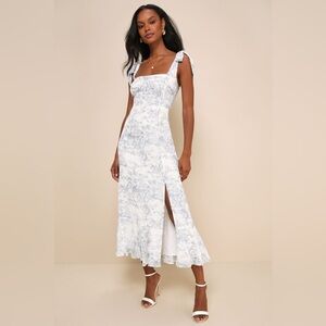 NWT Lulus Summer Invite White and Blue Toile Tie-Strap Tiered Midi Dress Large